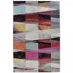Tapis salon et chambre tissé motif ethnique ELYZA, rouge, vert, violet, bleu, écru