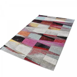 Tapis salon et chambre tissé motif ethnique ELYZA, rouge, vert, violet, bleu, écru