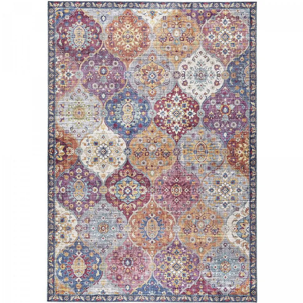 Tapis salon et chambre tissé motif ethnique VIVACE 5, violet, gris, rose