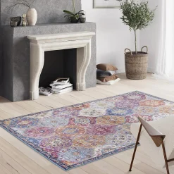 Tapis salon et chambre tissé motif ethnique VIVACE 5, violet, gris, rose