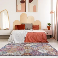 Tapis salon et chambre tissé motif ethnique VIVACE 5, violet, gris, rose