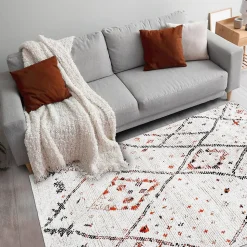 Tapis salon et chambre tissé motif berbère LYN8 MORA, Crème, orange, noir