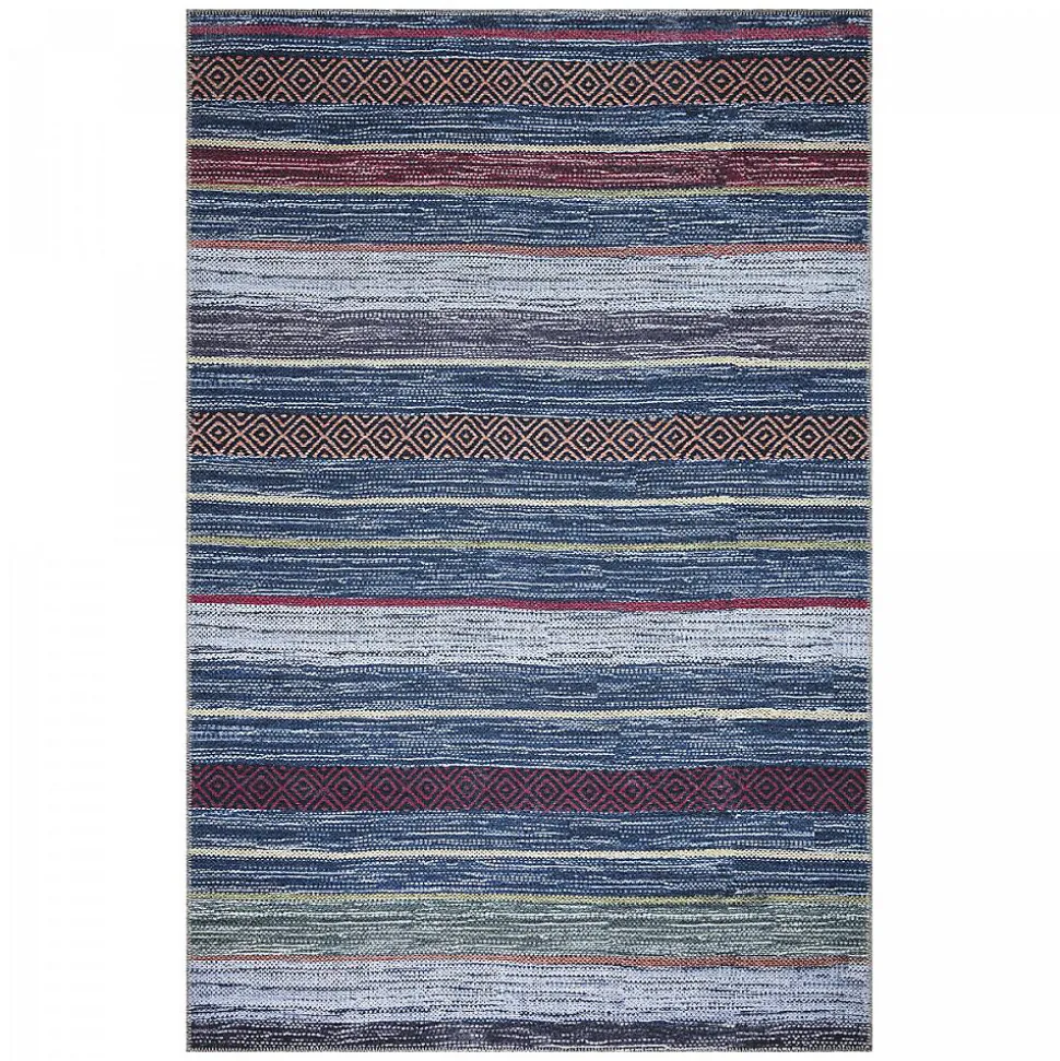 Tapis salon et chambre tissé motif ethnique NOBASTA, bleu, rouge, orange, vert