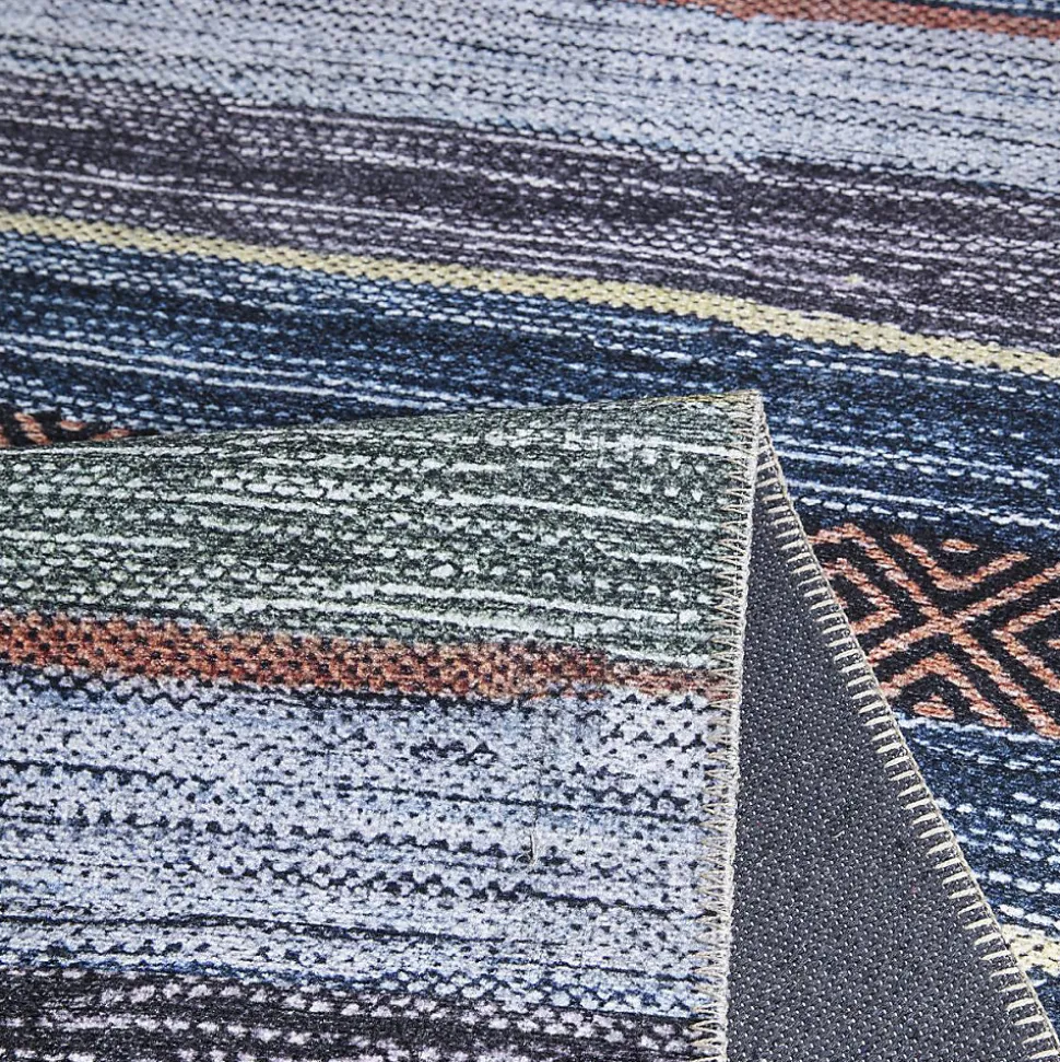 Tapis salon et chambre tissé motif ethnique NOBASTA, bleu, rouge, orange, vert