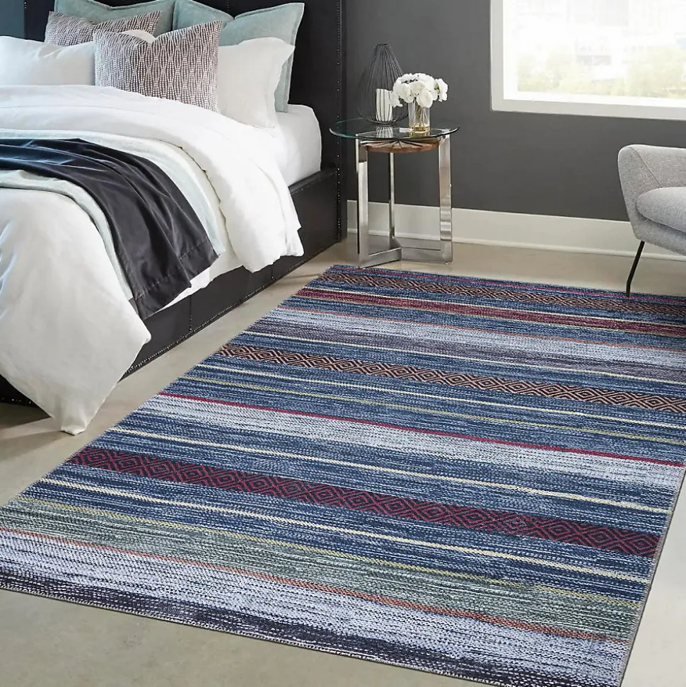 Tapis salon et chambre tissé motif ethnique NOBASTA, bleu, rouge, orange, vert