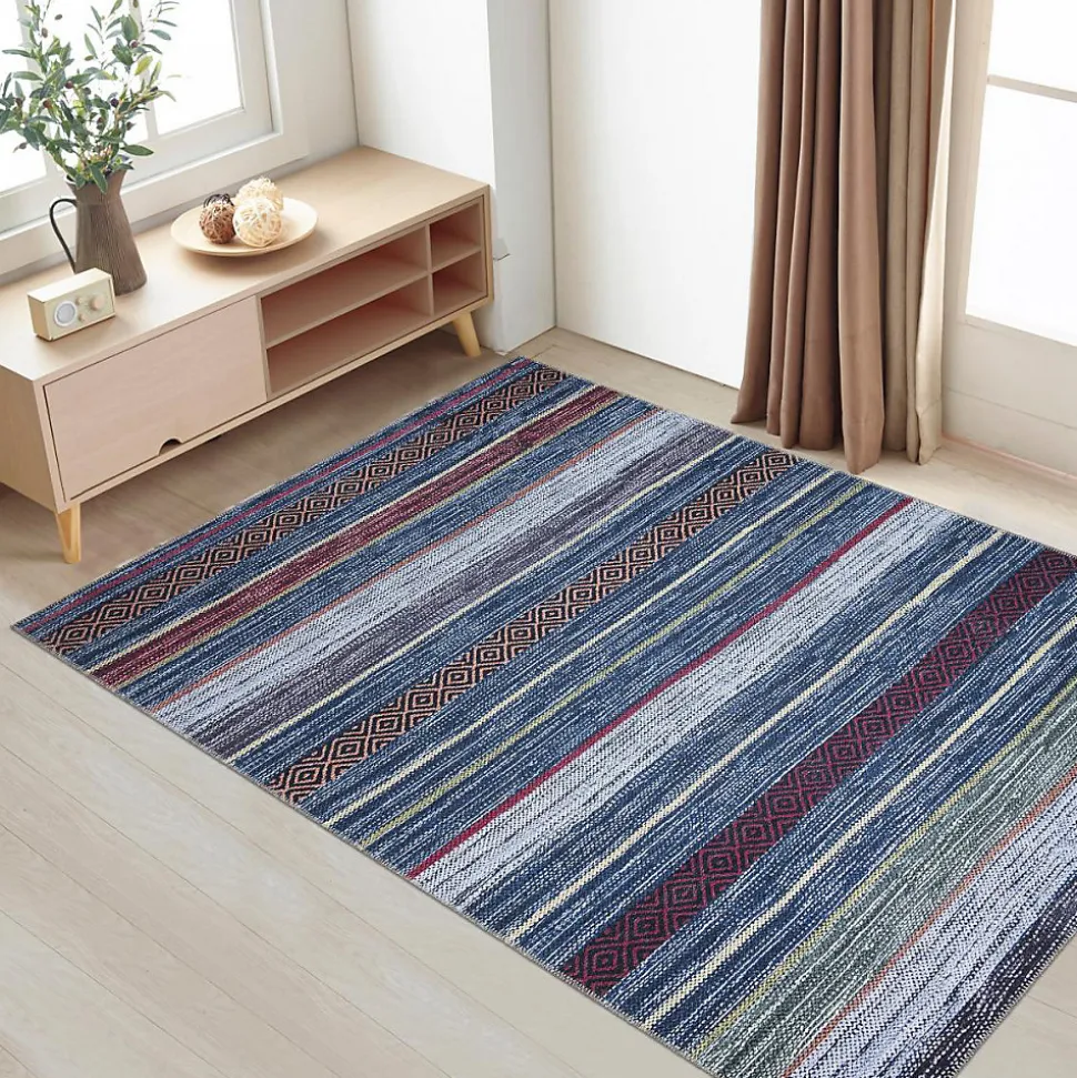 Tapis salon et chambre tissé motif ethnique NOBASTA, bleu, rouge, orange, vert