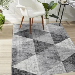 Tapis salon et chambre tissé motif géométrique SOLTAM, gris, écru
