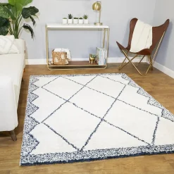 Tapis salon et chambre tissé motif berbère CALYPSO 1, blanc, bleu