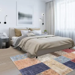 Tapis salon et chambre tissé motif géométrique VIVACE 9, beige, bleu, rose