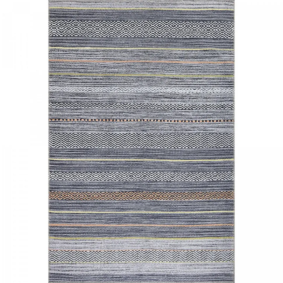 Tapis salon et chambre tissé motif ethnique NOBASTA, gris, orange, jaune, blanc