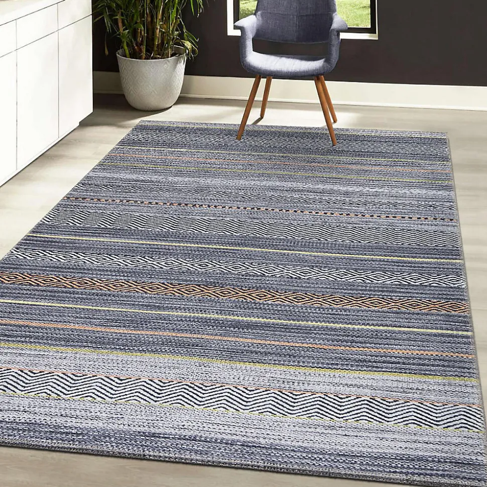 Tapis salon et chambre tissé motif ethnique NOBASTA, gris, orange, jaune, blanc