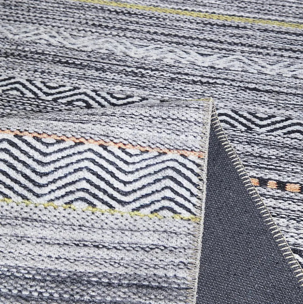 Tapis salon et chambre tissé motif ethnique NOBASTA, gris, orange, jaune, blanc