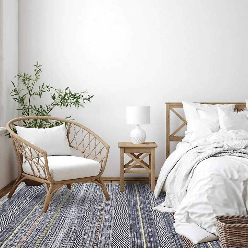 Tapis salon et chambre tissé motif ethnique NOBASTA, gris, orange, jaune, blanc