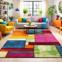 Tapis salon et chambre tissé motif géométrique LYN8 GEOME, Multicolore, vert, bleu, rouge