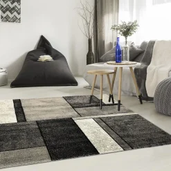 Tapis salon et chambre tissé motif géométrique LYN8 GEOME, Gris, noir