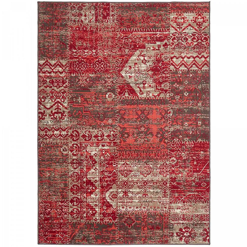 Tapis salon et chambre tissé motif ethnique LYN1 PATWORK, rouge