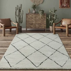 Tapis salon poils longs nordique - Blanc Noir - 80 x 150 cm - Bahar Shaggy