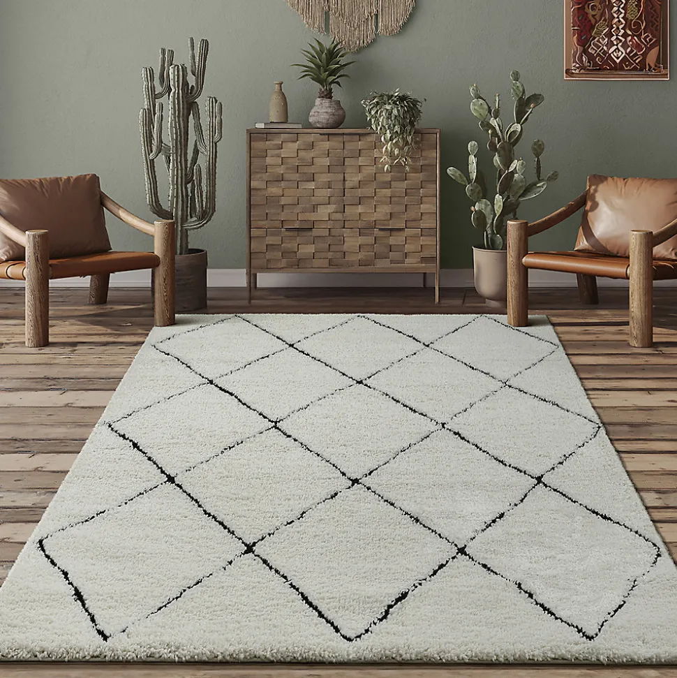 Tapis salon poils longs nordique - Blanc Noir - 80 x 150 cm - Bahar Shaggy