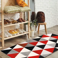 Tapis salon toucher laineux motif triangles rouge 80x150