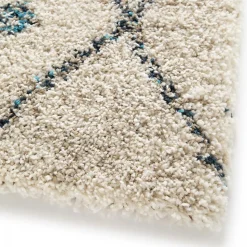 Tapis shaggy tissé motif berbère AMORE 2, écru, bleu