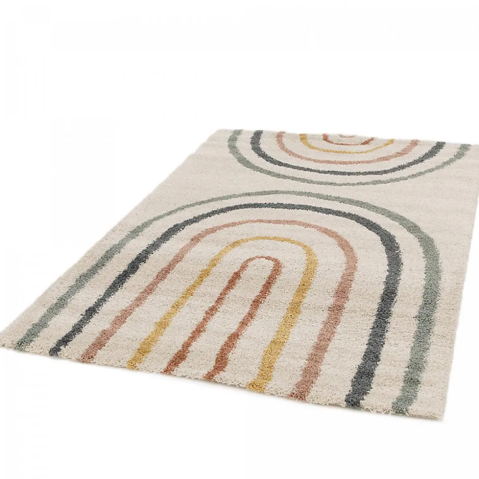 Tapis shaggy tissé motif géométrique AURORA 4, bleu, beige, jaune