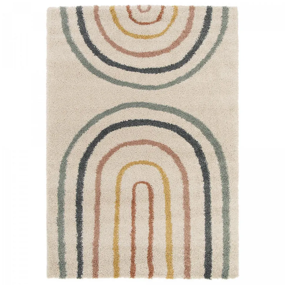 Tapis shaggy tissé motif géométrique AURORA 4, bleu, beige, jaune