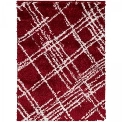 Tapis shaggy tissé motif géométrique EMBER 1, rouge, blanc