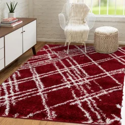 Tapis shaggy tissé motif géométrique EMBER 1, rouge, blanc
