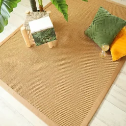 Tapis Sisal grosses boucles - Cuba paille dorée - Ganse lin camel - 200 x 290 cm