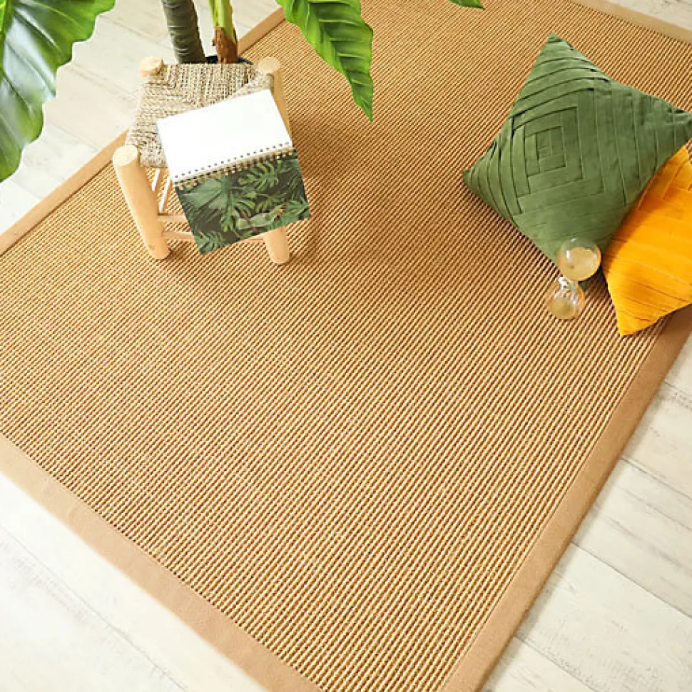 Tapis Sisal grosses boucles - Cuba paille dorée - Ganse lin camel - 200 x 290 cm
