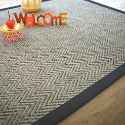 Tapis tissé plat - Java Chevron silver - Ganse coton noir - 120 x 170 cm