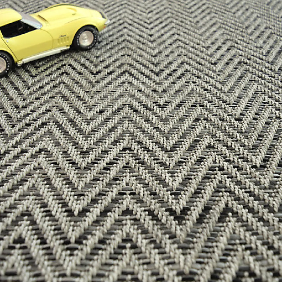 Tapis tissé plat - Java Chevron silver - Ganse coton noir - 120 x 170 cm