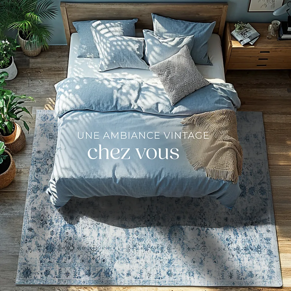 Tapis vintage design à poils courts en laine synthétique et feutre résistant et lavable