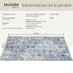 Tapis vintage design à poils courts en laine synthétique et feutre résistant et lavable