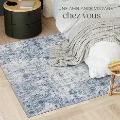 Tapis vintage design à poils courts en laine synthétique et feutre résistant et lavable