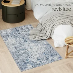 Tapis vintage design à poils courts en laine synthétique et feutre résistant et lavable