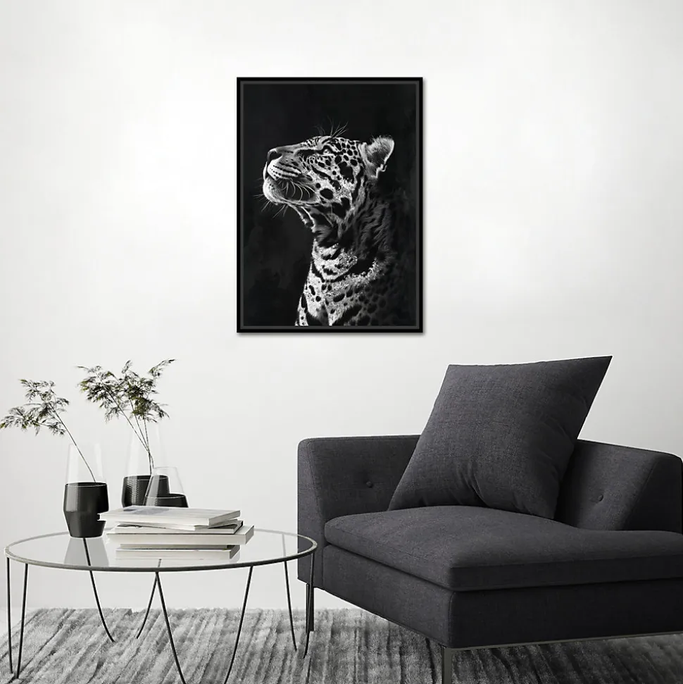 Toile encadrée léopard de profil noir et blanc, brillant, cadre noir 50 x 70cm Dada Art