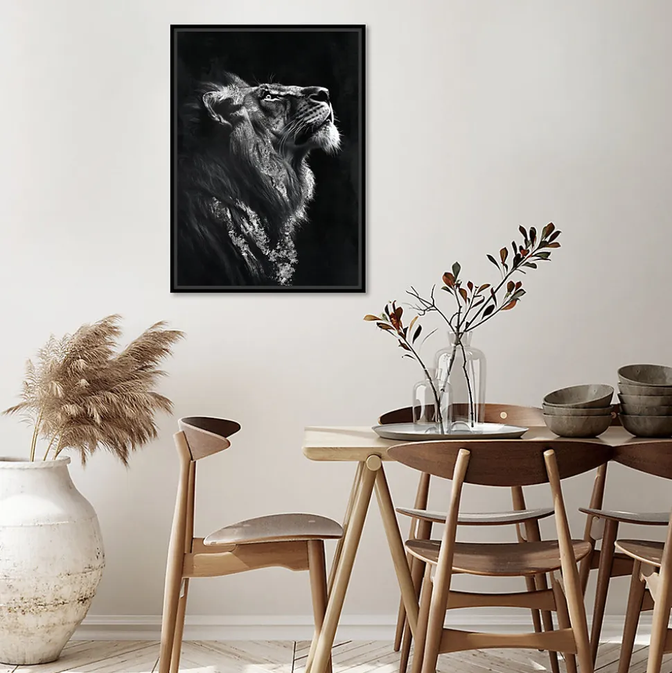 Toile encadrée tigre de profil noir et blanc, brillant, cadre noir 50 x 70cm Dada Art