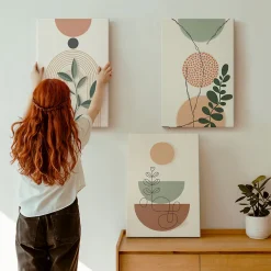 Trio de Tableaux Décoratifs Wallfluent 40x60 cm Formes Végétales Abstraites Bords Imprimés Finition Parfaite Prêt à Poser