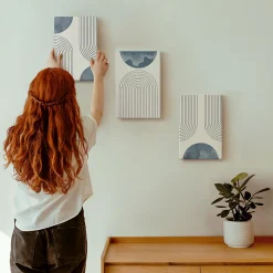 Trio de Tableaux Décoratifs Wallfluent 20x30 cm Motifs Bleus Abstraits Bords Imprimés Remplissage Niche Prêt à Poser