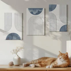 Trio de Tableaux Décoratifs Wallfluent 20x30 cm Motifs Bleus Abstraits Bords Imprimés Remplissage Niche Prêt à Poser