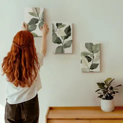 Trio de Tableaux Décoratifs Wallfluent 20x30 cm Feuilles De Plantes Bohèmes Peintes Bords Imprimés Remplissage Niche Prêt à Poser