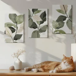 Trio de Tableaux Décoratifs Wallfluent 20x30 cm Feuilles De Plantes Bohèmes Peintes Bords Imprimés Remplissage Niche Prêt à Poser
