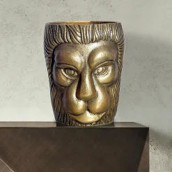 Vase Déco Tête de Lion 21 cm Aluminium Doré Fleurs Moderne Intérieure FineBuy