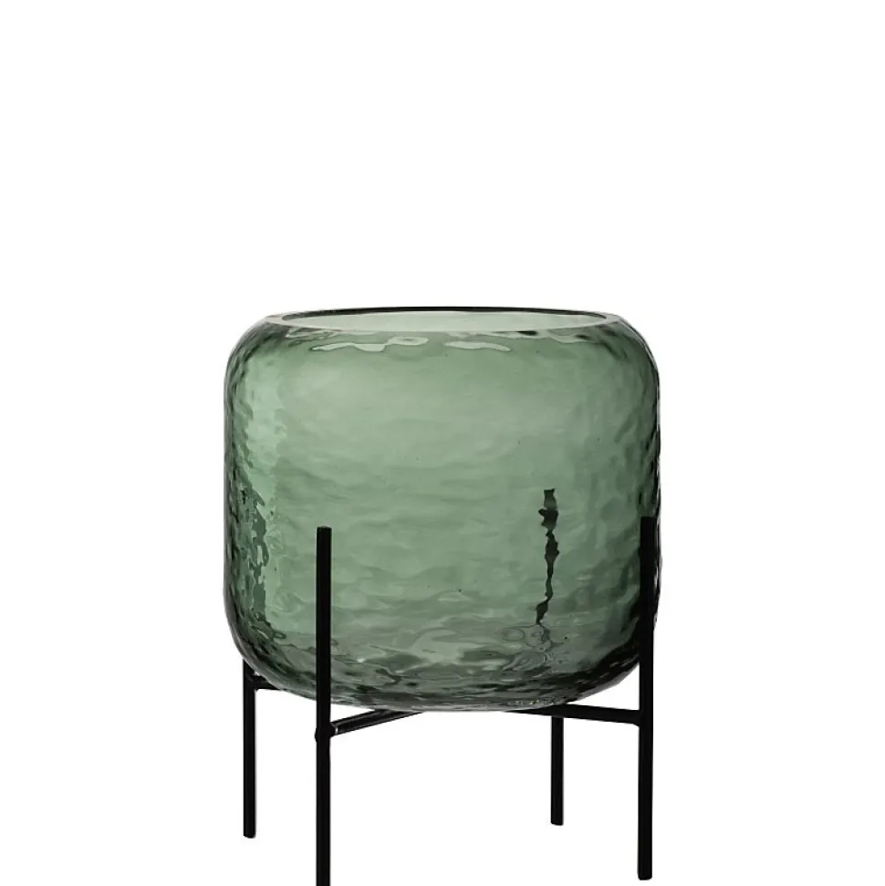 Vase irrégulier sur pied métal en verre vert 20x20x25 cm