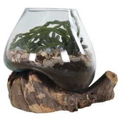 Vase sur socle bois en verre transparent 18x20 cm