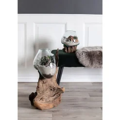 Vase sur socle bois en verre transparent 18x20 cm
