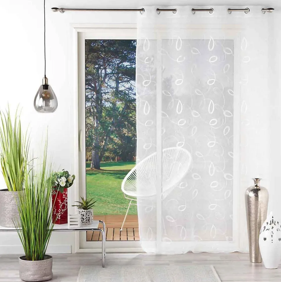 Voilage à œillets 140 x 240 cm Voile sablé brodé Hoops Blanc