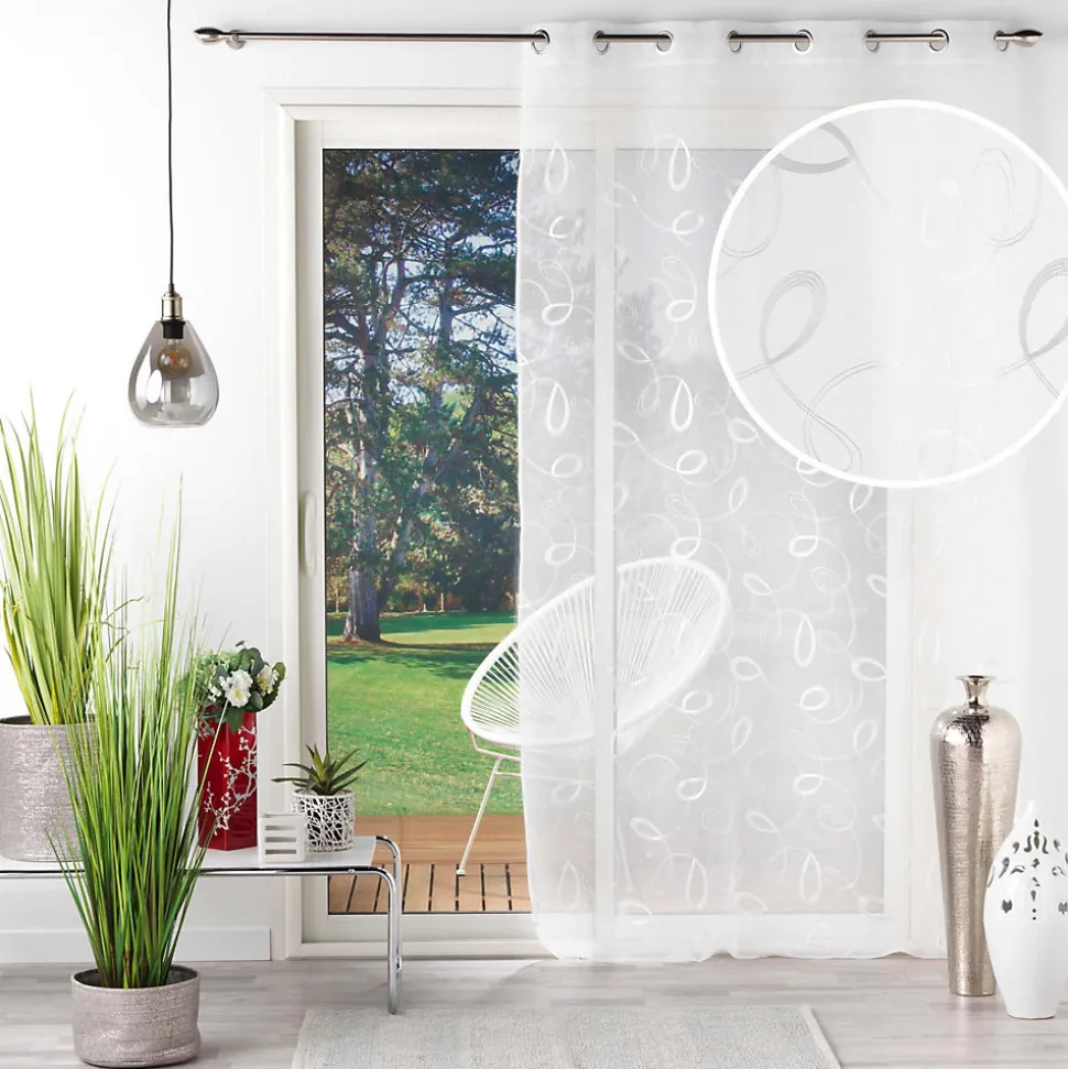 Voilage à œillets 140 x 240 cm Voile sablé brodé Hoops Blanc