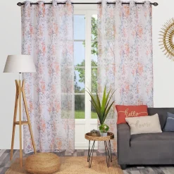 Voilage à œillets étamine broderie feuillage orange L.240 x l.140cm Dylrev